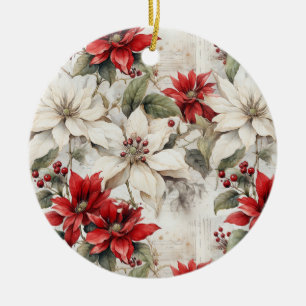 Snow-kissed Elegance White and Red Poinsettia Ceramic Ornament