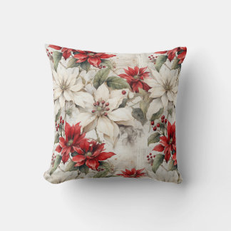 Snow-kissed Elegance: White and Red Poinsettia Throw Pillow