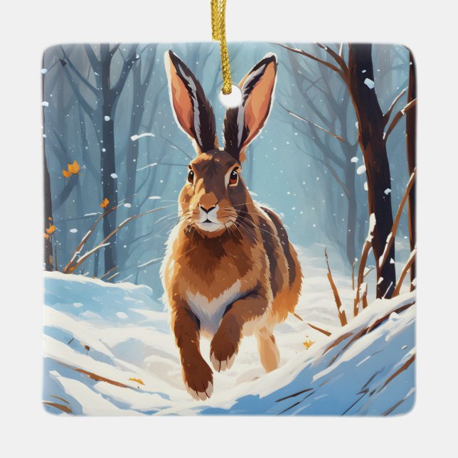 Snow-Kissed Revelry: The Hare Run Ceramic Ornament (Front)