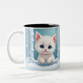 Snow kitten mug, Wintry inspired mug, Cat lover  Two-Tone Coffee Mug