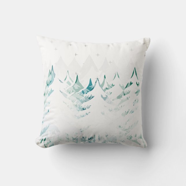 Snow Laden Blue Teal Green Trees Winter White Throw Pillow (Front)