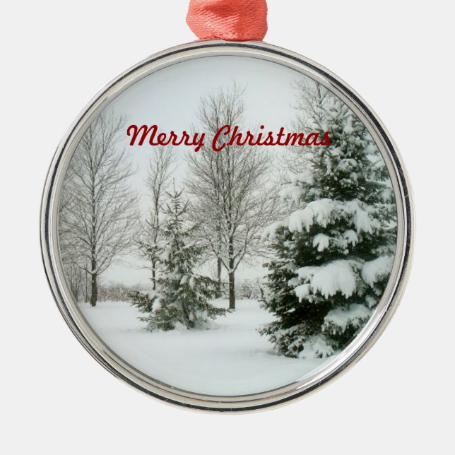 Snow-Laden Trees, Merry Christmas, Metal Ornament (Front)