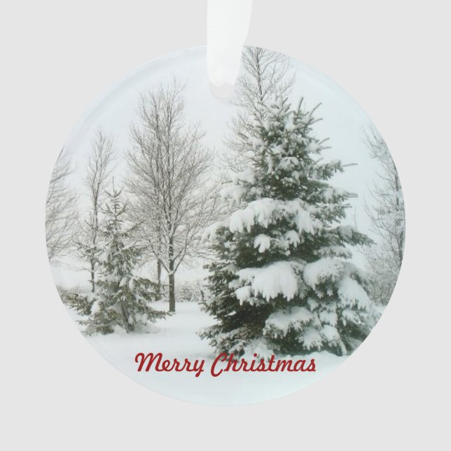 Snow-Laden Trees, Merry Christmas Ornament (Front)