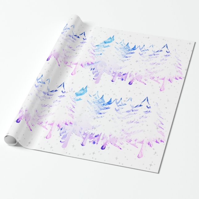 Snow Laden White Blue Purple Pink Christmas Trees Wrapping Paper (Unrolled)