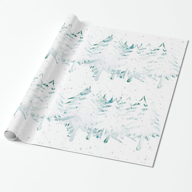 Snow Laden White on Green Christmas Trees Wrapping Paper (Unrolled)