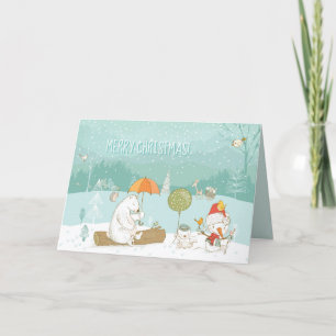 Snow Landscape Bears and Snowman Pastel Holiday Card