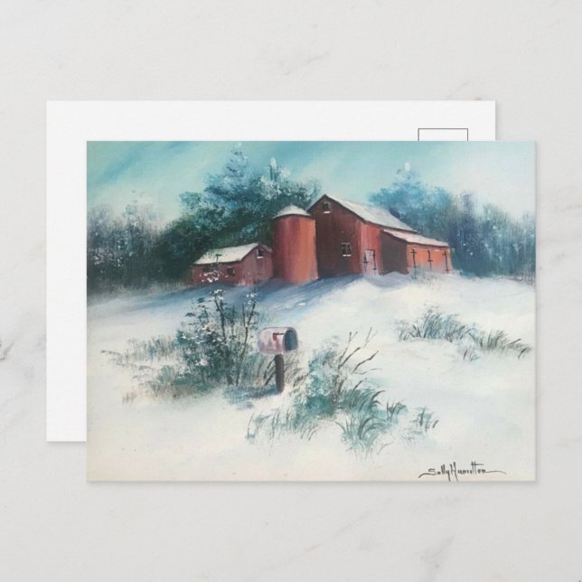 Snow Landscape Painting Rustic Farm  Postcard (Front/Back)