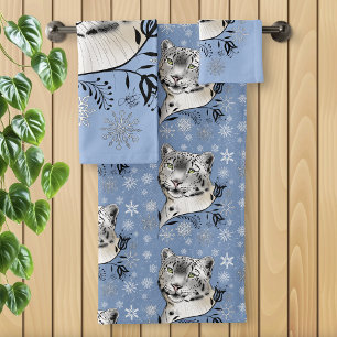 Snow Leopard and Snowflakes Bath Towel Set