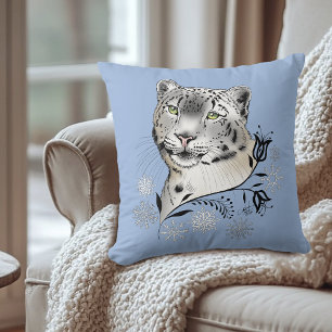 Snow Leopard and Snowflakes Throw Pillow