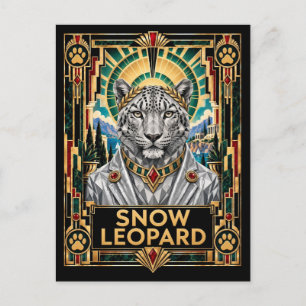 Snow Leopard, Art Deco Wildlife Postcard