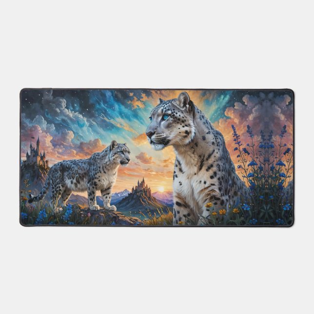 Snow Leopard Castle Sunrise reflection Desk Mat (Front)