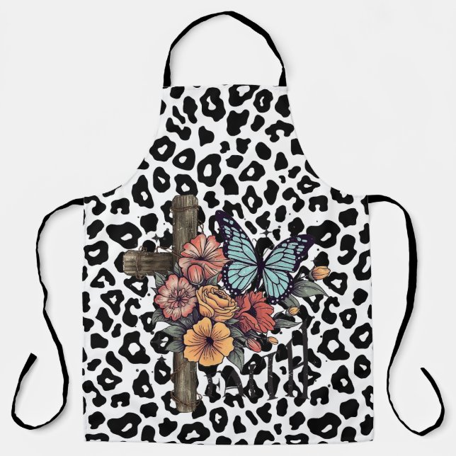Snow Leopard Cross, Flowers and Butterflies Apron (Front)