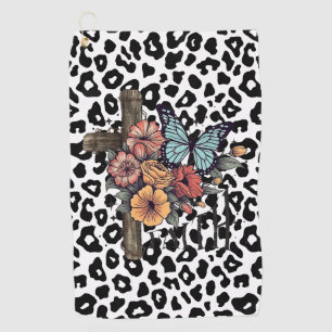 Snow Leopard Cross, Flowers and Butterflies Golf Towel