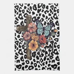 Snow Leopard Cross, Flowers and Butterflies Kitchen Towel