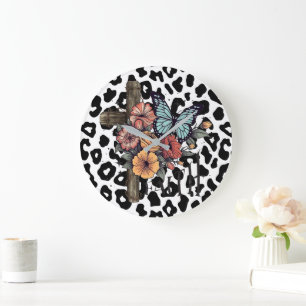 Snow Leopard Cross, Flowers and Butterflies Large Clock