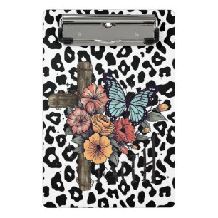 Snow Leopard Cross, Flowers and Butterflies Mini Clipboard