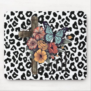 Snow Leopard Cross, Flowers and Butterflies Mouse Pad