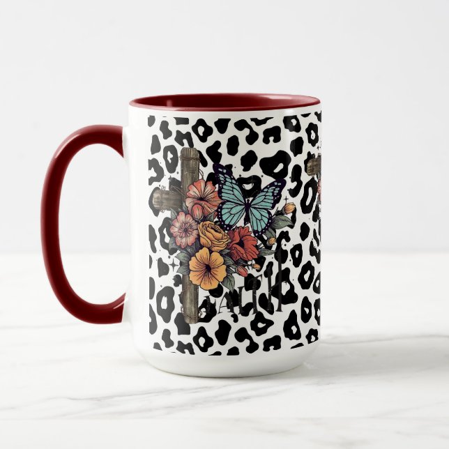 Snow Leopard Cross, Flowers and Butterflies Mug (Left)