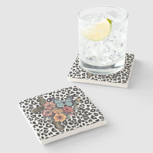 Snow Leopard Cross, Flowers and Butterflies Stone Coaster