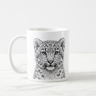 Snow Leopard Cub Mug - Black Ink Art on White Cera