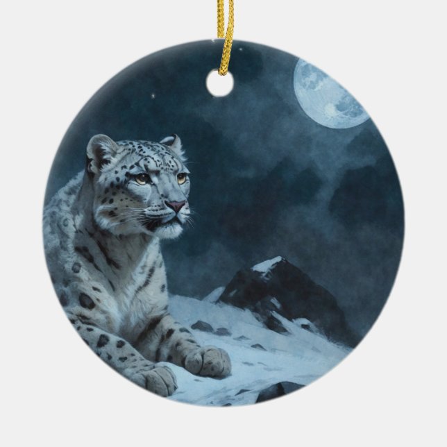 Snow Leopard & Full Moon Ceramic Ornament (Front)