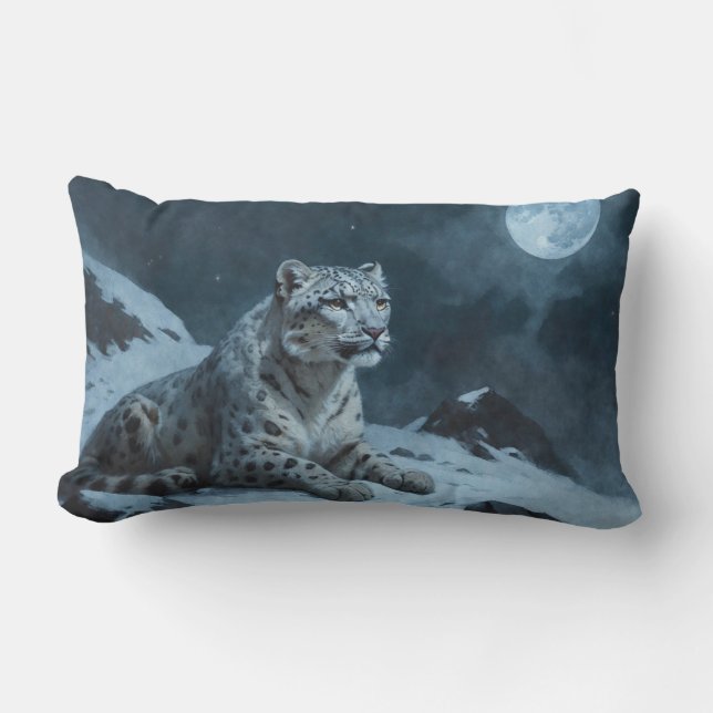 Snow Leopard & Full Moon Lumbar Pillow (Front)