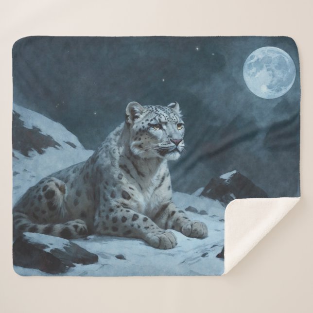 Snow Leopard & Full Moon Sherpa Blanket (Front (Horizontal))