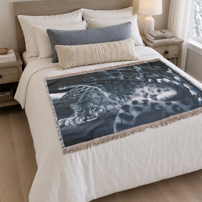 Snow Leopard Guardian Wings Fantasy Wildlife Throw Blanket (Creator Uploaded)