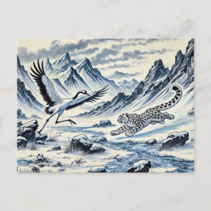 Snow Leopard Hunting a Crane Chinese Ink Painting Postcard