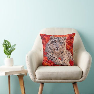 Snow Leopard in Autumn Maple Leaves – Wildlife Art Throw Pillow