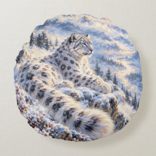 Snow Leopard in Snowy Mountains – Winter La Round Pillow
