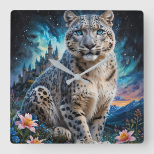 Snow Leopard Mountain Castle Starry Sky Square Wall Clock
