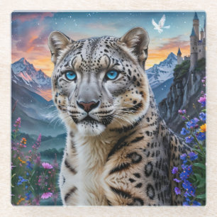 Snow Leopard Mountain Valley Sunset Glass Coaster