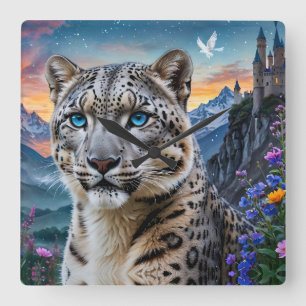 Snow Leopard Mountain Valley Sunset Square Wall Clock