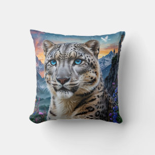 Snow Leopard Mountain Valley Sunset Throw Pillow