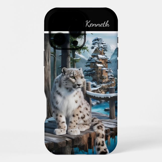 Snow Leopard on Winter Bridge iPhone Case (Back)