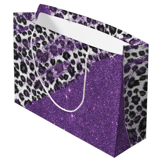 Snow Leopard Print Brushstrokes on Faux Glitter Large Gift Bag (Back Angled)