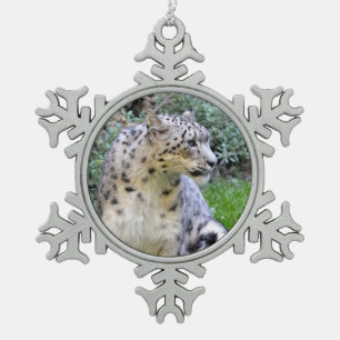 Snow leopard sitting on the grass  snowflake pewter christmas ornament