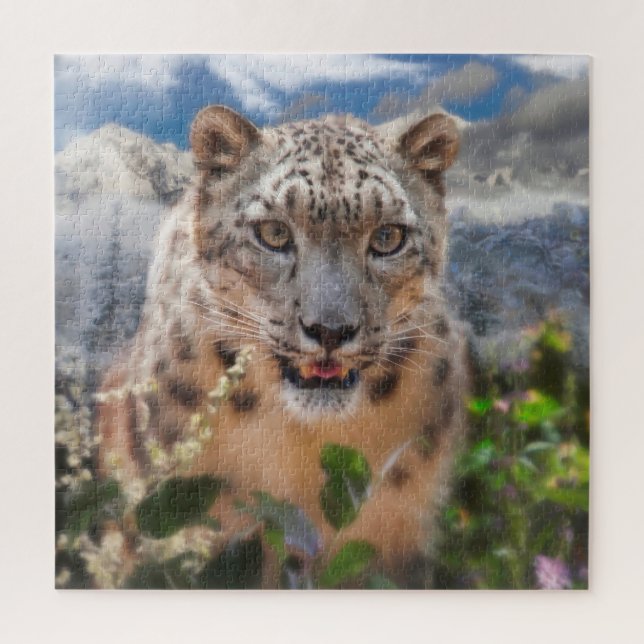 SNOW LEOPARD SPRINGTIME FLOWERS JIGSAW PUZZLE (Vertical)