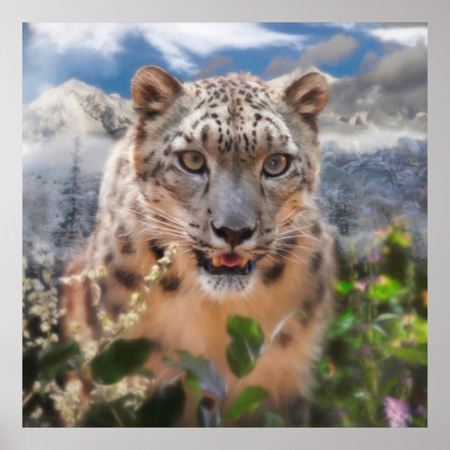 SNOW LEOPARD SPRINGTIME FLOWERS POSTER (Front)