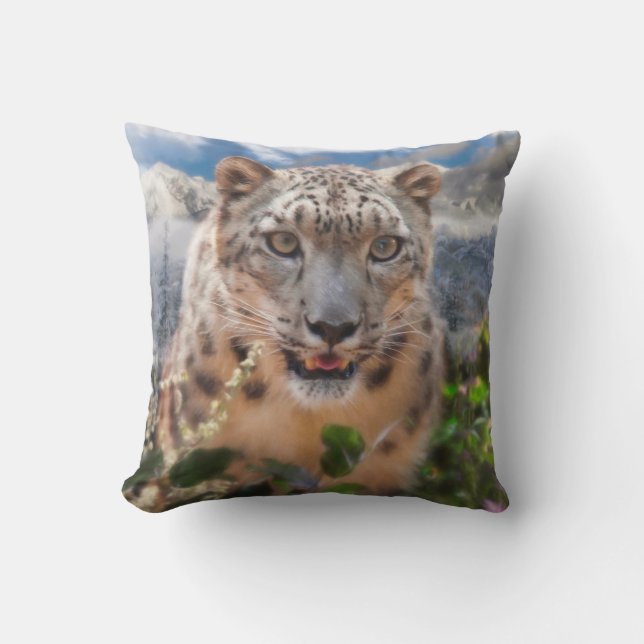 SNOW LEOPARD SPRINGTIME FLOWERS THROW PILLOW (Front)