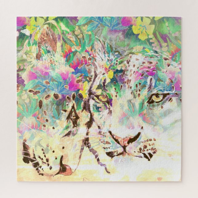 Snow leopard tropical floral Hawaiian pastel Jigsaw Puzzle (Vertical)