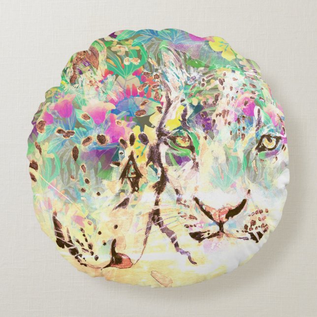Snow leopard tropical flowers Hawaiian animal Round Pillow (Front)