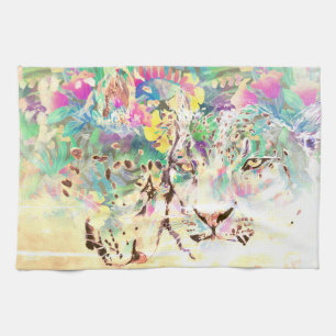 Snow leopard tropical flowers Hawaiian pastel  Kitchen Towel