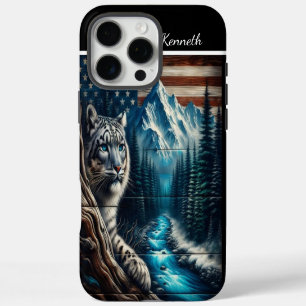Snow Leopard Under an American Flag iPhone 16 Pro Max Case