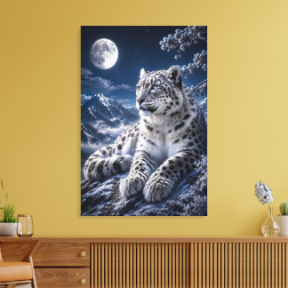 Snow Leopard Under the Full Moon – Majestic Mounta Canvas Print