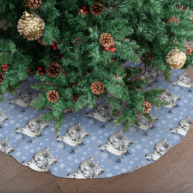 Snow Leopard Winter Elegance Blue Snowflakes Brushed Polyester Tree Skirt (Creator Uploaded)