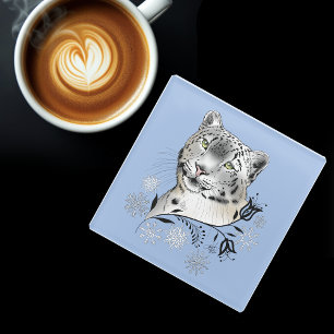 Snow Leopard Winter Elegance Blue Snowflakes Glass Coaster