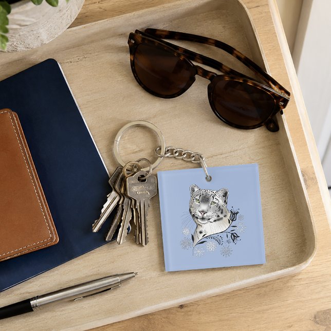 Snow Leopard Winter Elegance Blue Snowflakes Keychain (Creator Uploaded)