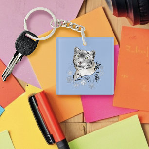 Snow Leopard Winter Elegance Blue Snowflakes Keychain